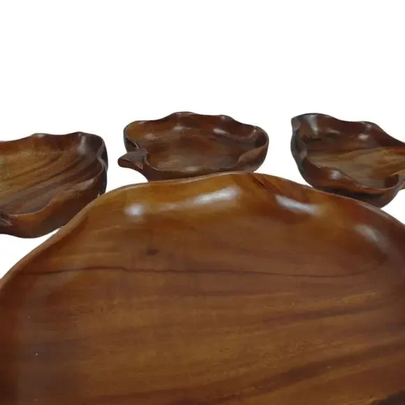 Vtg Blair Hawaii Honolulu Monkey Pod Wood Leaf Bowls 6pc Set 1960s Serving Tray